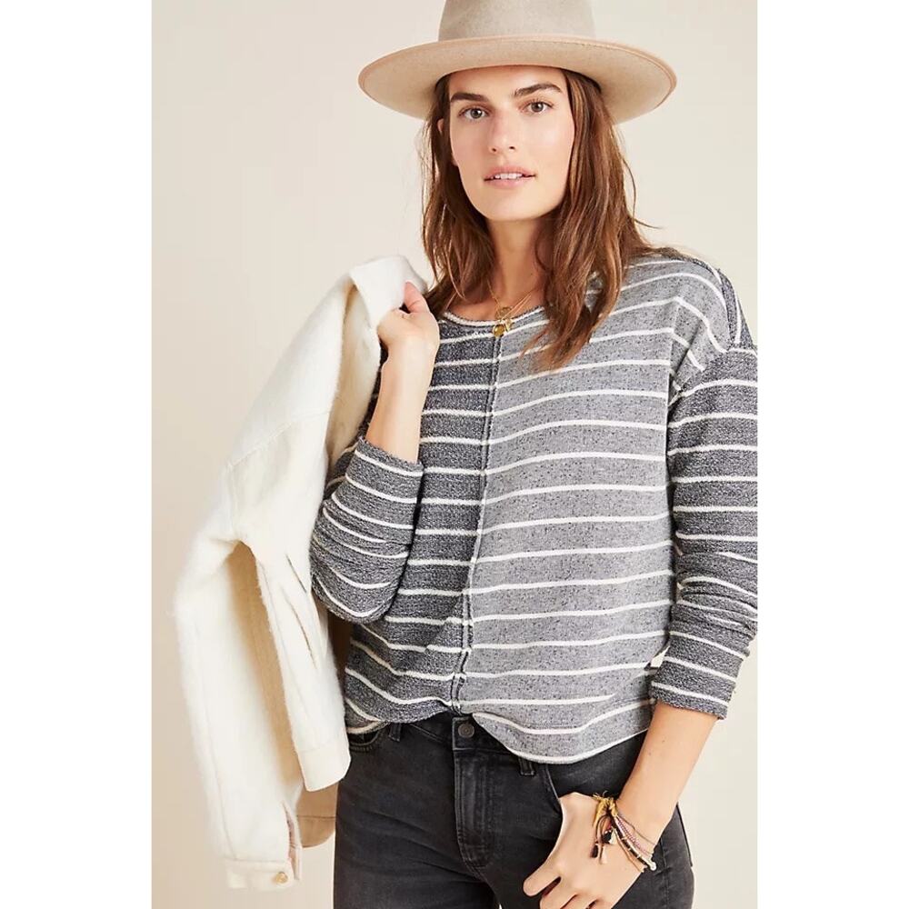 Anthropologie Devin Textured Sweatshirt Medium Cream & Navy‎ Striped Bohemian